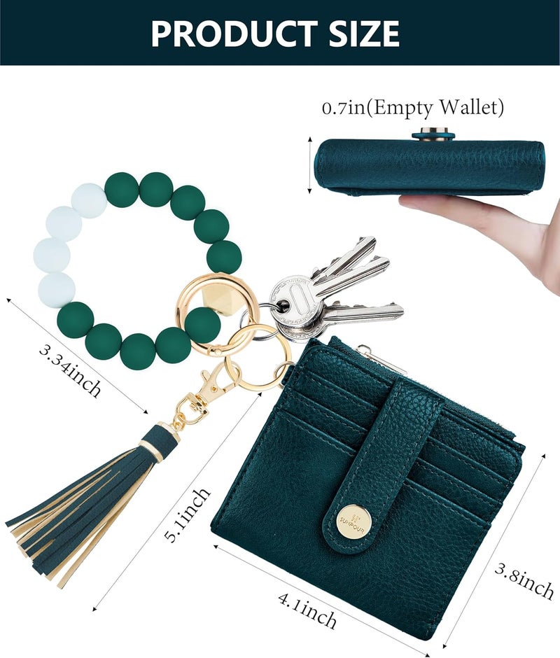 Sunpour Small Wristlet Wallets for Women Keychain Wristlet Wallet RFID Blocking Key Chain Wallet With Zipper Coin Pocket,2 Id Window (Blue-Green) - Image 2